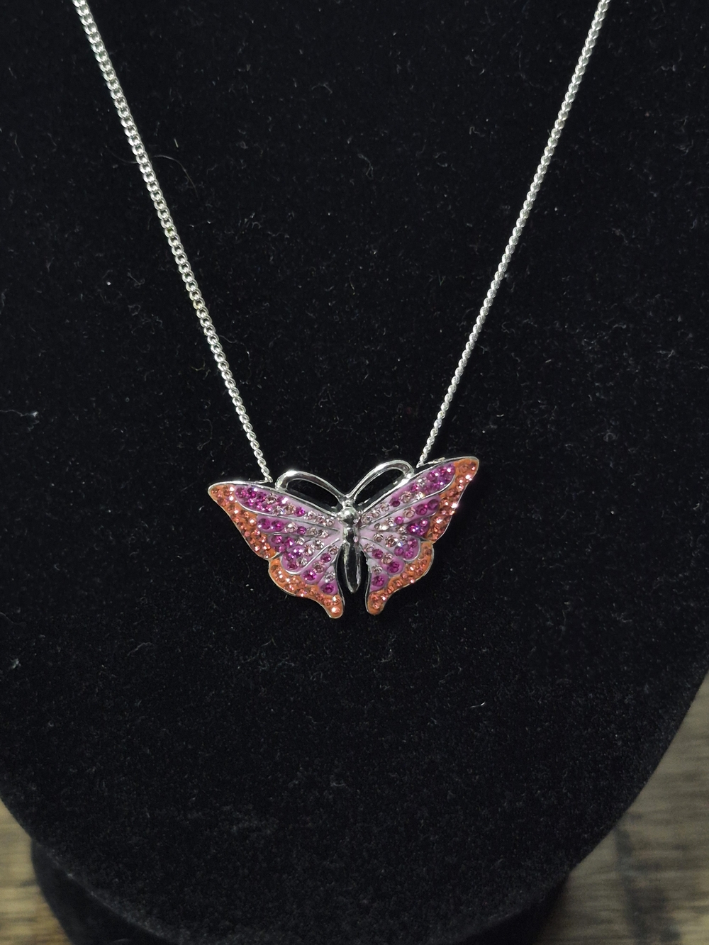 925 Sterling Silver Italy Pink Orange Crystal Butterfly Pendant Necklace